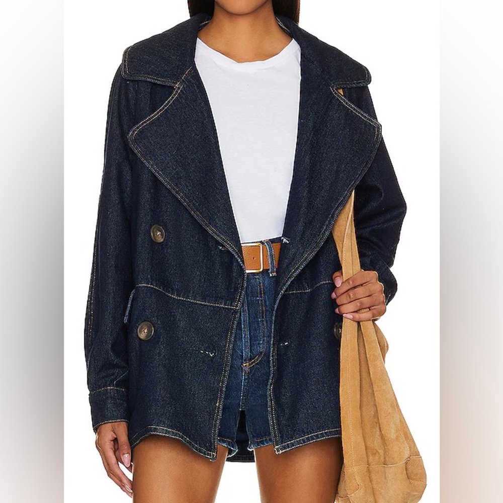 Free People Dark Denim Double-Breasted Jacket